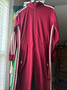 SHEIN Maroon Track Jumpsuit with White Stripes